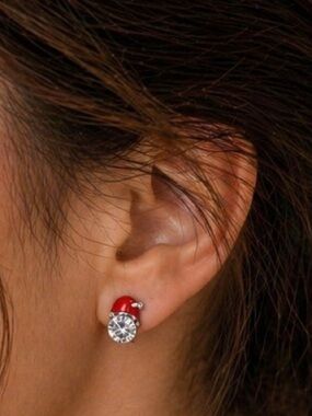 Crystal Santa Claus Stud Earrings Red Silver Tone Christmas Holiday